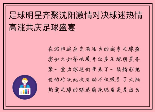 足球明星齐聚沈阳激情对决球迷热情高涨共庆足球盛宴