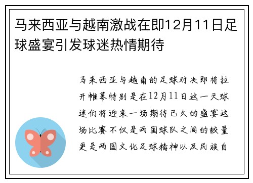 马来西亚与越南激战在即12月11日足球盛宴引发球迷热情期待